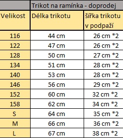 rozměry trikot na ramínka - doprodej 2022